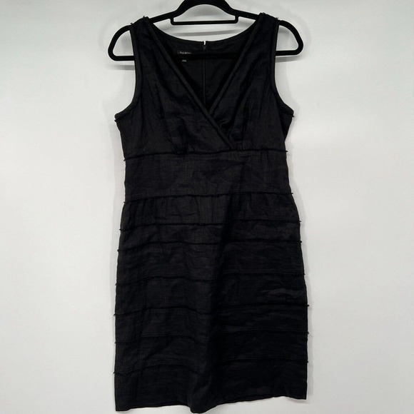 Talbots Dresses & Skirts - Talbots Linen Sheath Dress Sz 10 Black Faux Wrap V Neck Sleeveless Fringed Trim